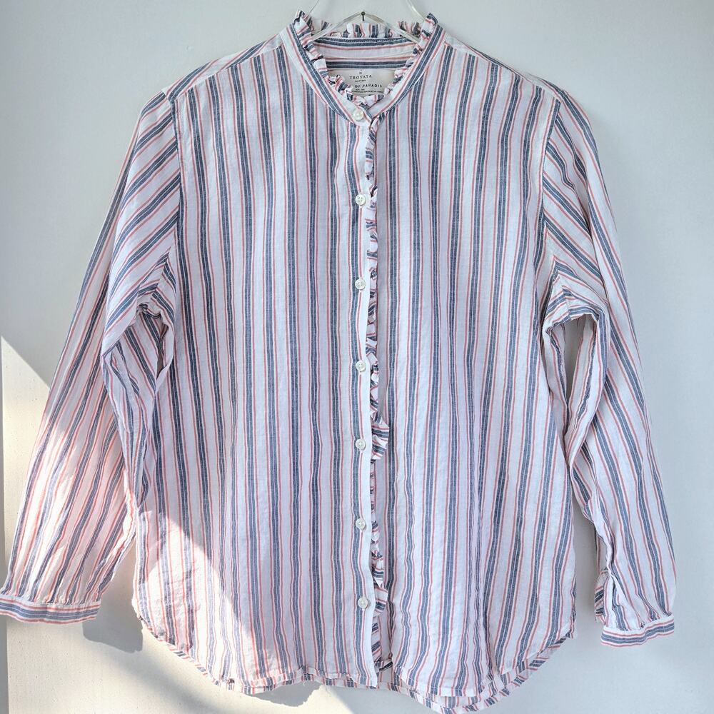Trovata Birds of Paradis Michelle Striped Ruffle Button Down LS Womens Medium